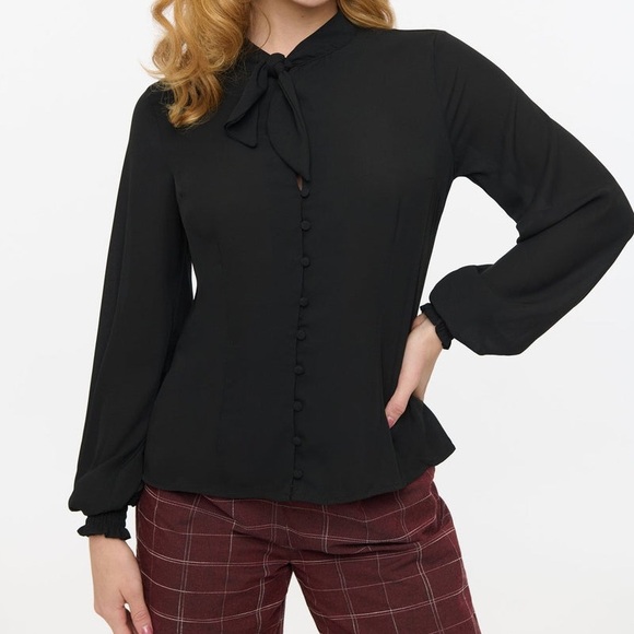 Unique Vintage Tops - Unique Vintage 1940s black neck tie blouse NWT